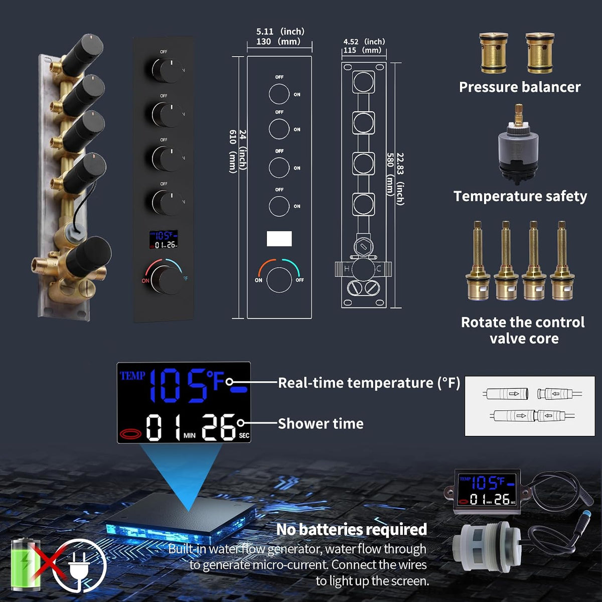 Bathroom Shower System with 14x20 Inch Ceiling Mount LED Head & 8 Inch Wall Head and Handheld Shower 4 Function Valve with body jets,Matte Black