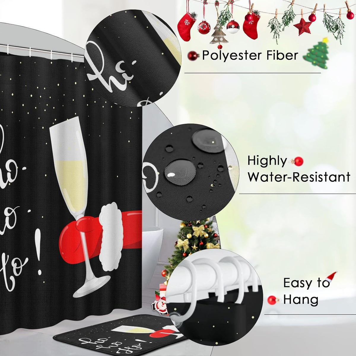 ArtSocket Christmas Bathroom Sets with Shower Curtain and Rugs Santa Claus