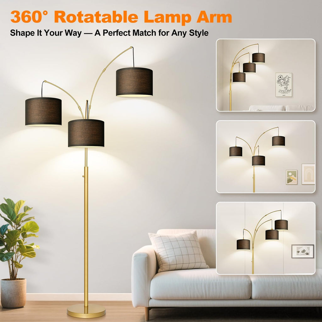 Dimmable Floor Lamp - 3 Lights Gold Arc Floor Lamps for Living Room, 1000LM Modern Tall Standing Lamp With Black Shades&Heavy Base, Mid Century Tree Floor Lamp for Bedroom Office, 3 LED Bulbs Included