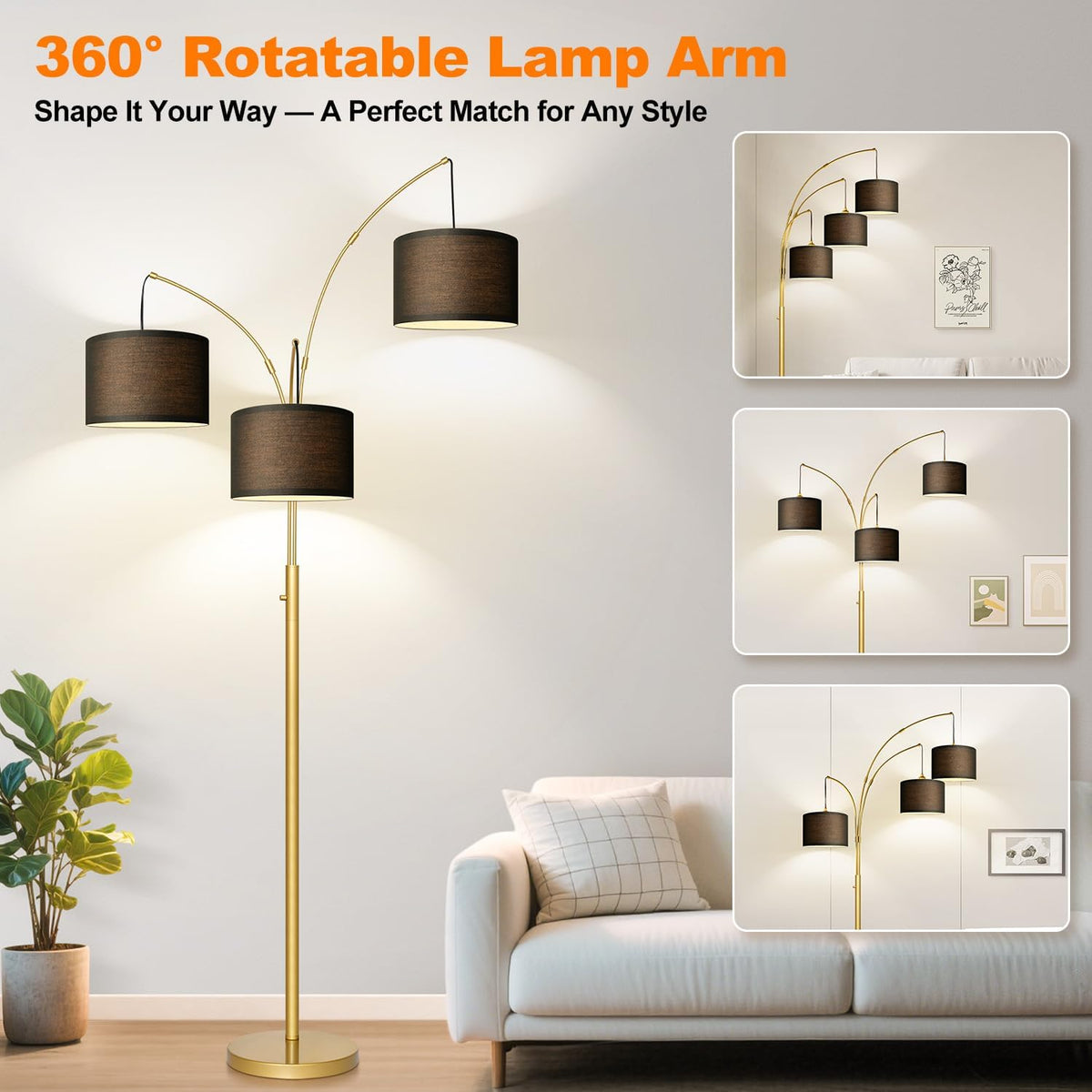 Dimmable Floor Lamp - 3 Lights Gold Arc Floor Lamps for Living Room, 1000LM Modern Tall Standing Lamp With Black Shades&Heavy Base, Mid Century Tree Floor Lamp for Bedroom Office, 3 LED Bulbs Included