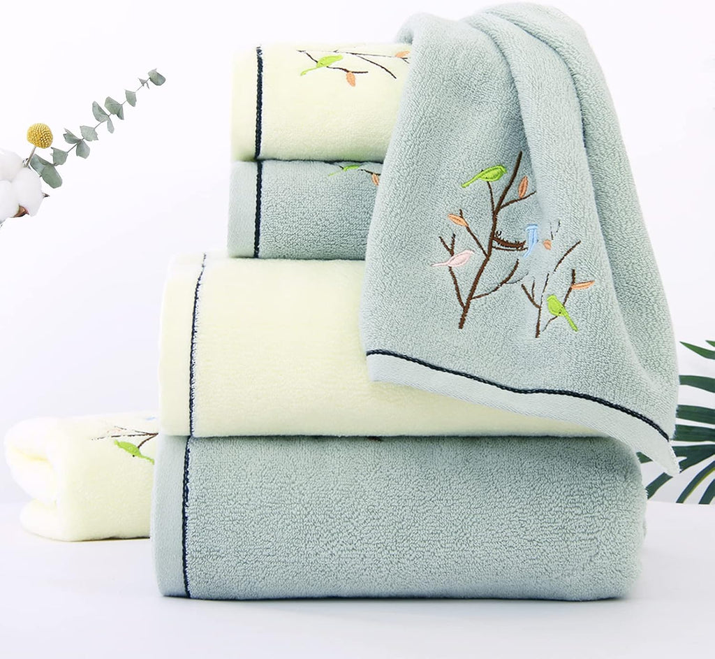 Pidada Embroidered Bird Tree Hand Towels for Bathroom Set of 2,Aqua Green