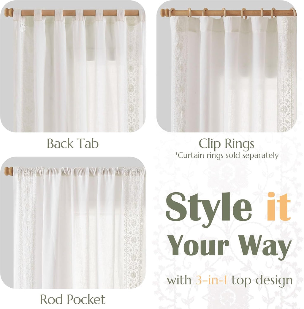jinchan Floral Lined Linen Curtains Embroidered Back Tab 54Wx84L 2 Panels