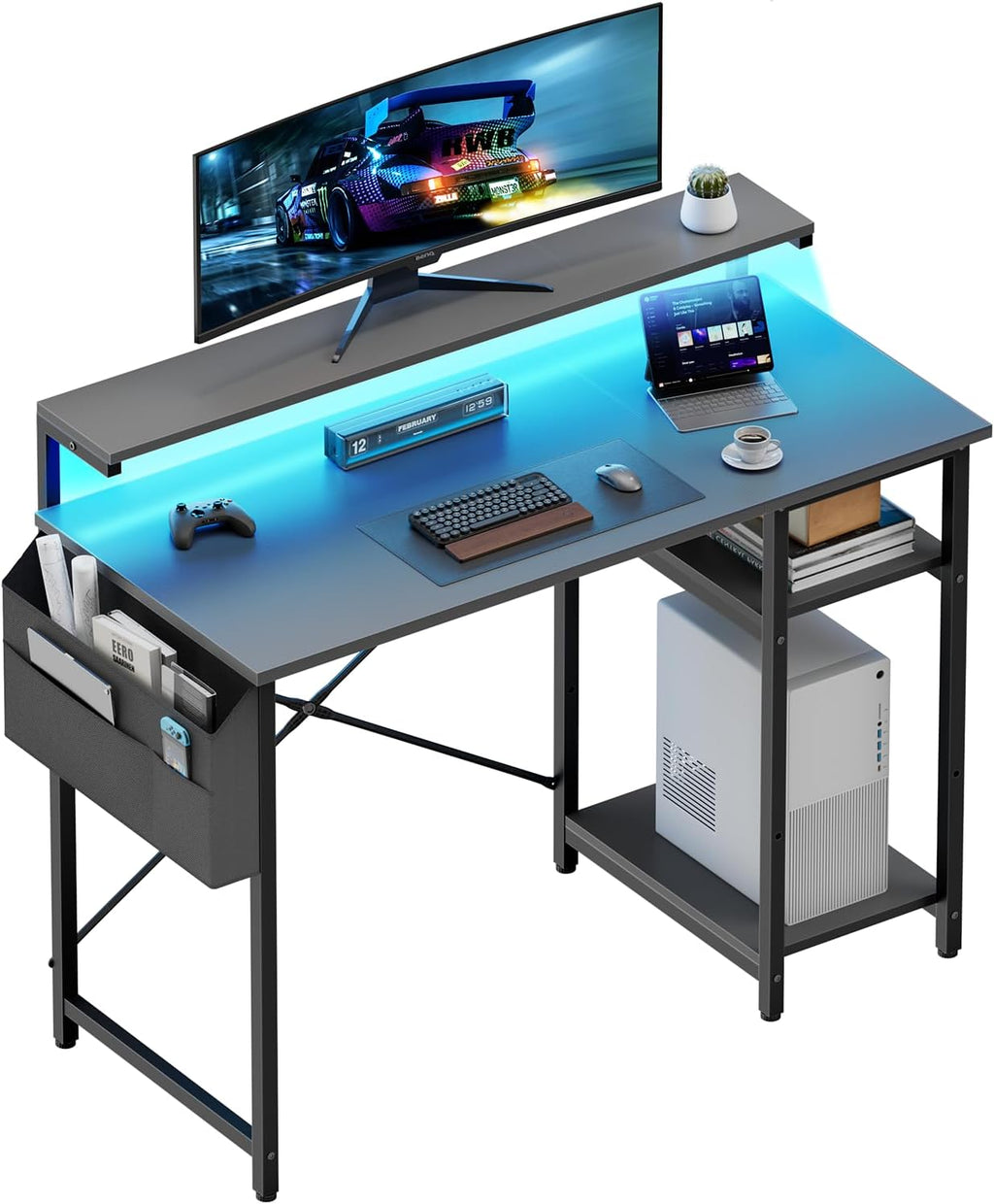 HLDIRECT 40" Gaming Desk with 3-Height Adjustable Monitor Stand