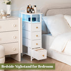 Yoobure Narrow Nightstand with Charging Station, LED Tall Narrow Side Table