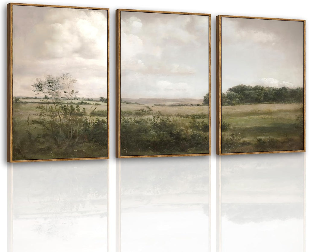 VIYYIEA Large Framed Canvas Wall Art, 3 Pcs Above Bed Wall Decor, Nature Farm Vintage Landscape Paintings Decor for Living Room, 16x24inch