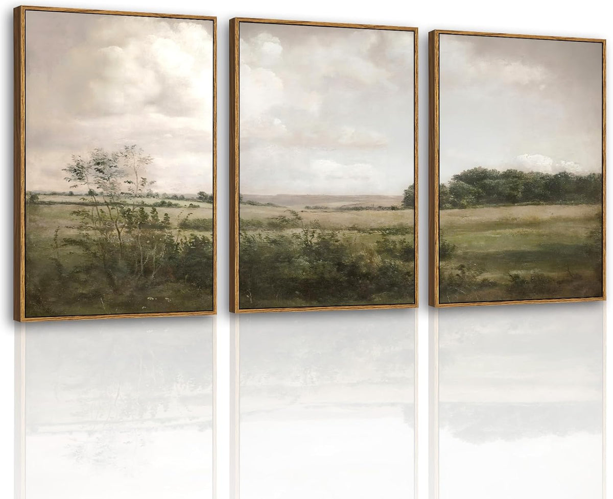 VIYYIEA Large Framed Canvas Wall Art, 3 Pcs Above Bed Wall Decor, Nature Farm Vintage Landscape Paintings Decor for Living Room, 16x24inch