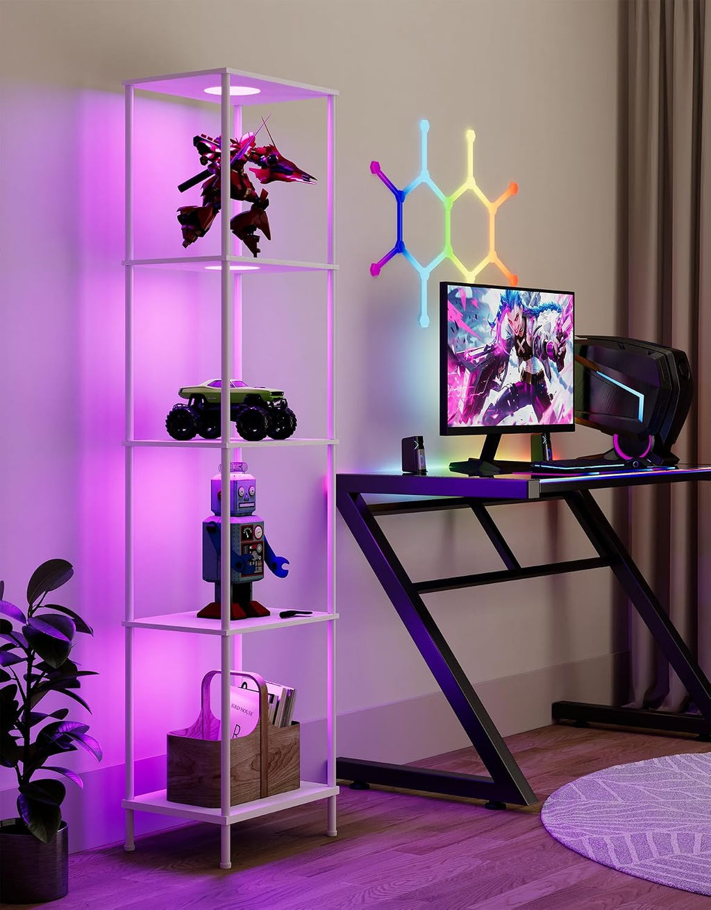 Display Shelf with RGBCW Light, Color Changing Curio Cabinet Floor Lamp with Shelves Corner Standing Column Lamp Etagere Organizer Tower Nightstand Bookcase for Living Room Bedroom Office Décor White