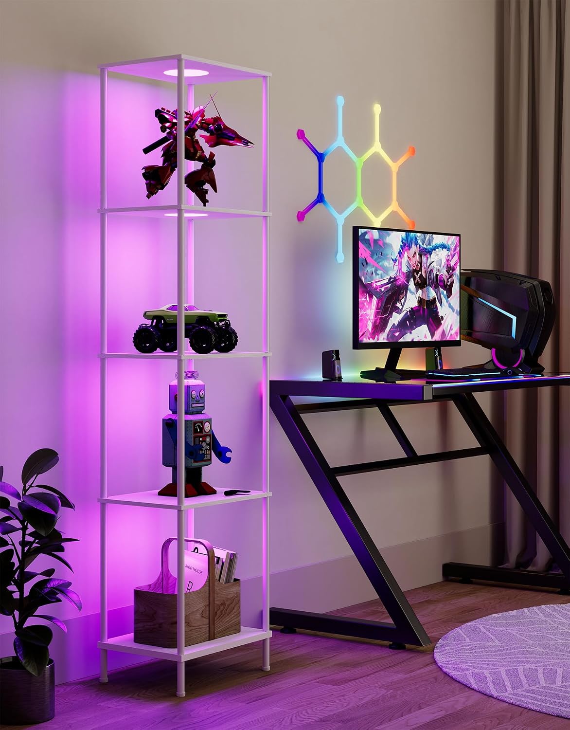 Display Shelf with RGBCW Light, Color Changing Curio Cabinet Floor Lamp with Shelves Corner Standing Column Lamp Etagere Organizer Tower Nightstand Bookcase for Living Room Bedroom Office Décor White