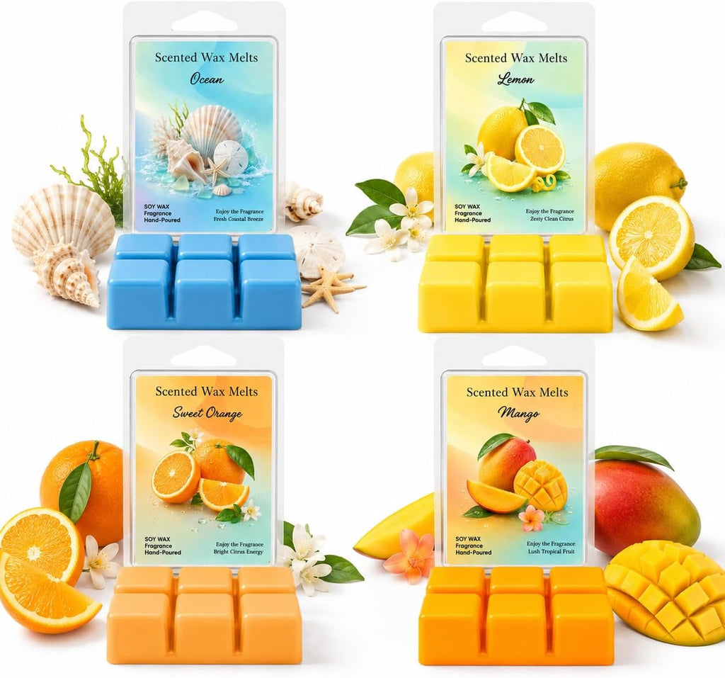 Wax Melt 4 Pack 2.5 Oz Each Wax Melts 10 Oz Total Scented Wax Melt Wax Cubes for Warmer Strong Scent Wax Melt Home Fragrance Candle Melts Wax Warmer Cubes Lemon, Sweet Orange, Ocean, Mango