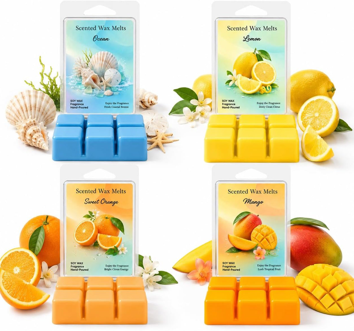 Wax Melt 4 Pack 2.5 Oz Each Wax Melts 10 Oz Total Scented Wax Melt Wax Cubes for Warmer Strong Scent Wax Melt Home Fragrance Candle Melts Wax Warmer Cubes Lemon, Sweet Orange, Ocean, Mango