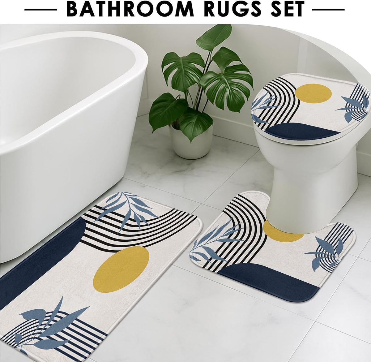 Bathroom Sets with Shower Curtain and Rugs, Boho Geometric Set of 4