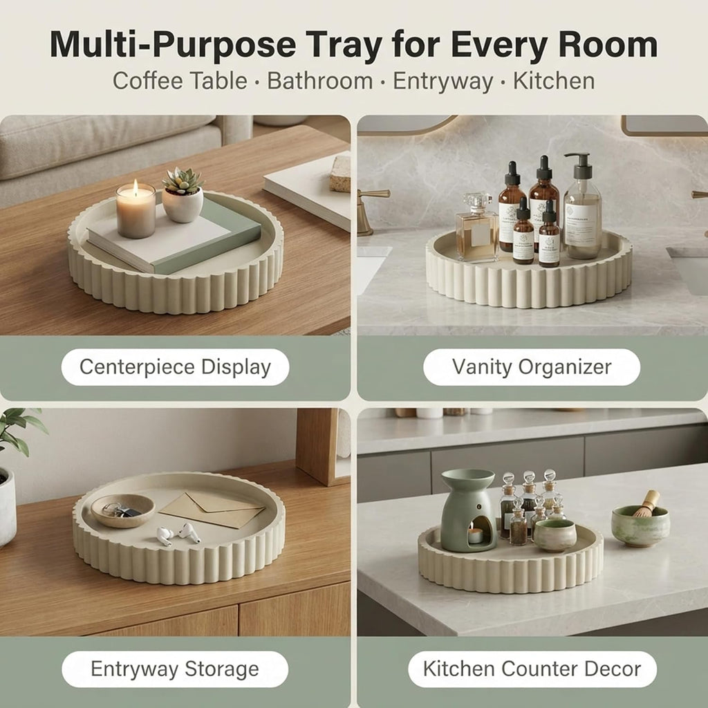 Round Solid Concrete Tray, Fluted Centerpiece for Coffee Table Decor 11"