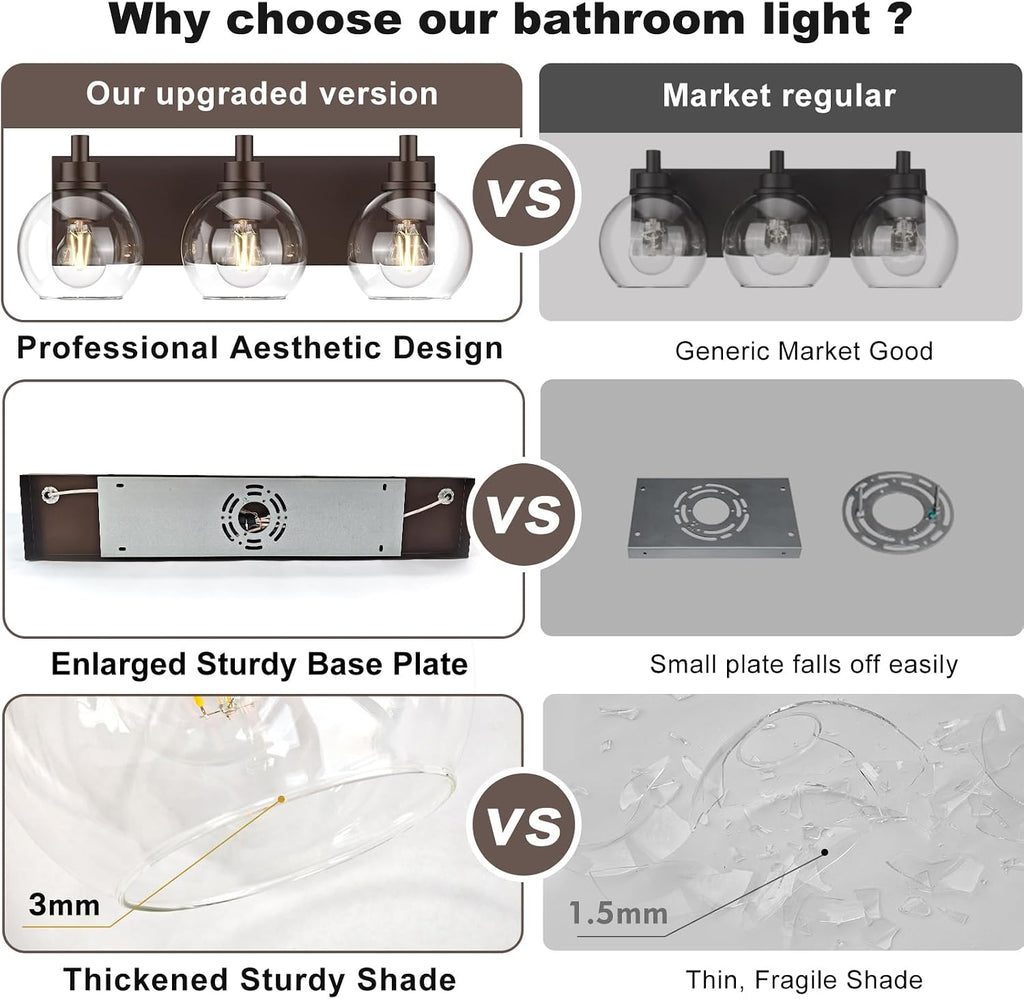 IZORRO Bathroom Light Fixtures, 3-Light Oil Rubbed Bronze Vanity Light, Modern Wall Sconces with Globe Clear Glass Shade, Vanity Lighting Fixtures Over Mirror,E26 Bulb Socket
