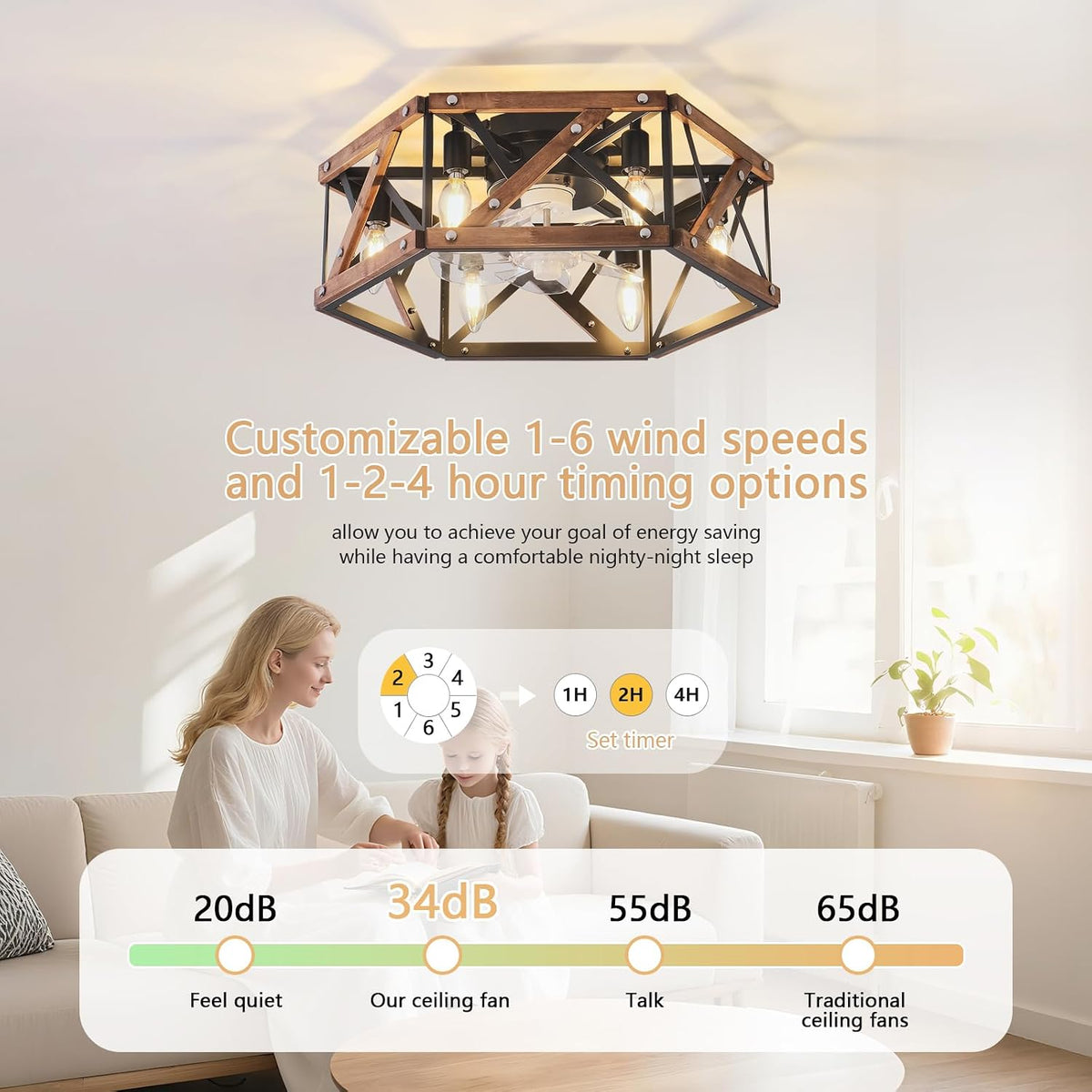 6-light retro style semi-inset ceiling fan lamp, 20 inches, Retro-style antique wooden ceiling fan with light，low-profile ceiling fan lamp, suitable for vacation cabins, bedroom relaxation areas.
