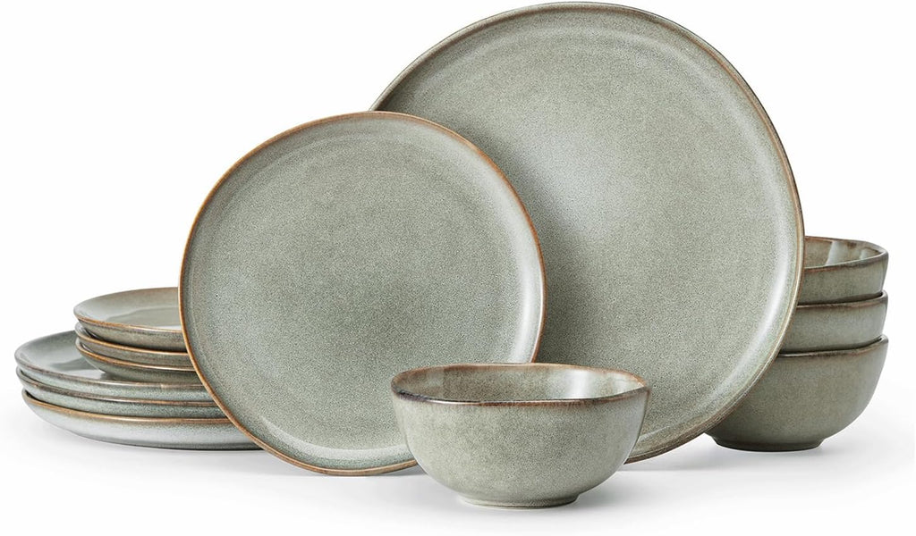 Stoneware Dinnerware Sets for 4, Reactive Glaze Plates and Bowls, Grey