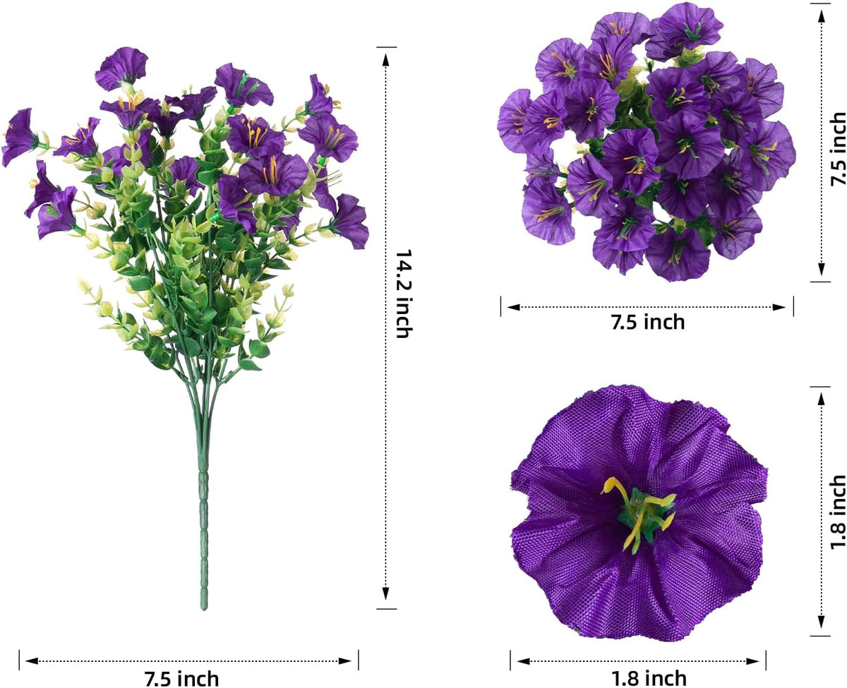 HyeFlora Artificial Flowers for Outdoors Fake Plants Outside Decoration, 12 Bundles Silk Purple Morning Glory with Eucalyptus UV Resistant Look Real Faux Flower for Planter Front Door Porch Patio Yard