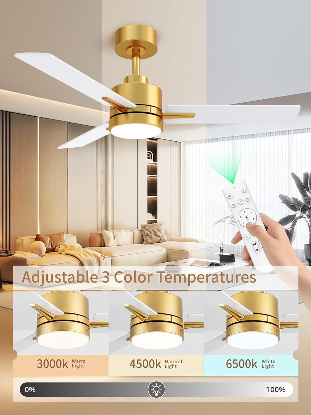 LANMEL Metal Ceiling Fan with Lights and Remote, 42 Inch, Gold & White