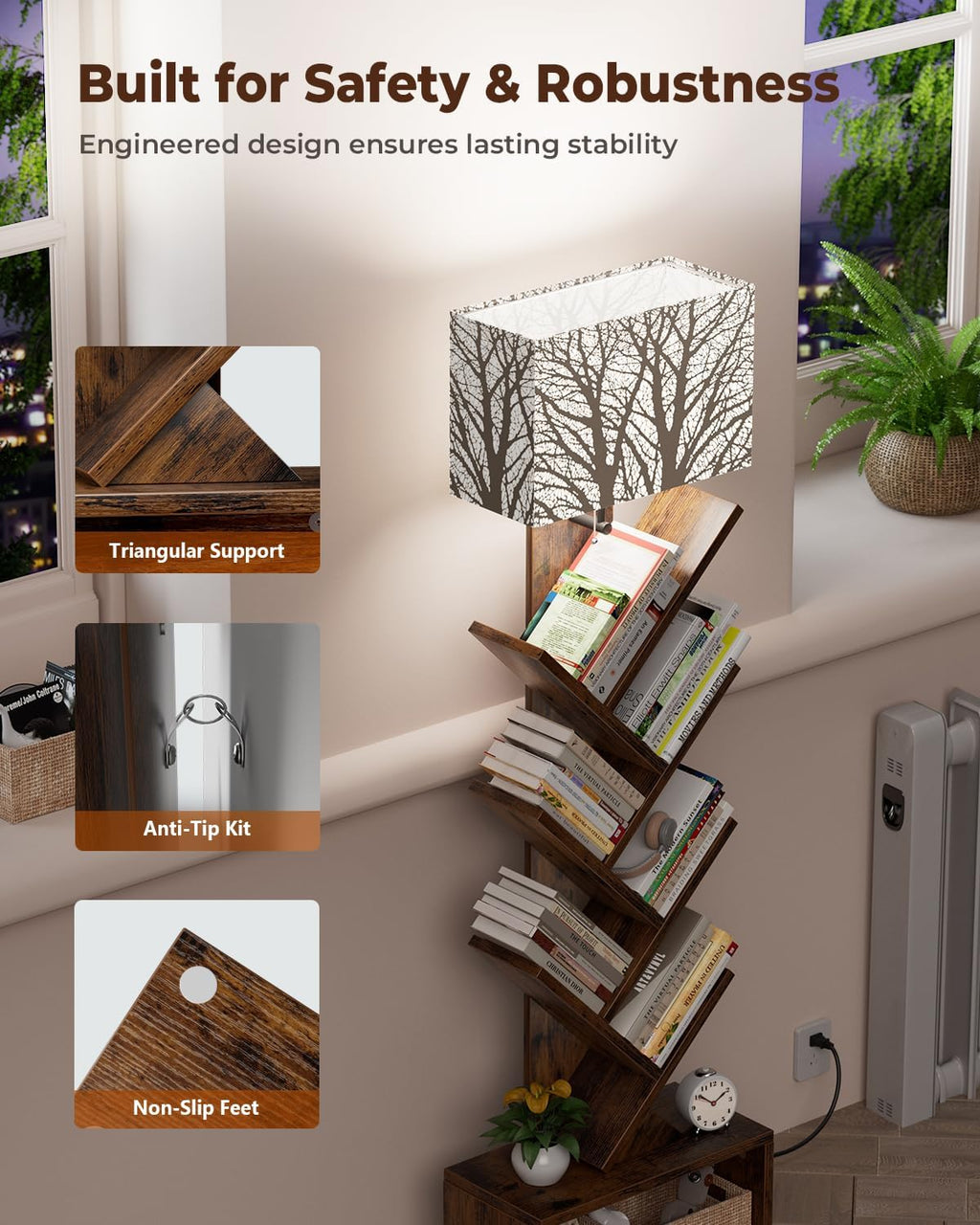 Evermagin 6 Tier Tree Bookshelf with Light, Bookcase, Branch Pattern