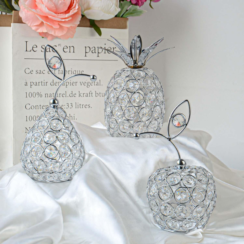 Set of 3 Crystal Metal Pineapple Pear Table Centerpiece Handmade Crystal Candlestick Hollow Fruit Ornament Home Party Wedding Holiday Bar Decoration (Silver, Set of 3)