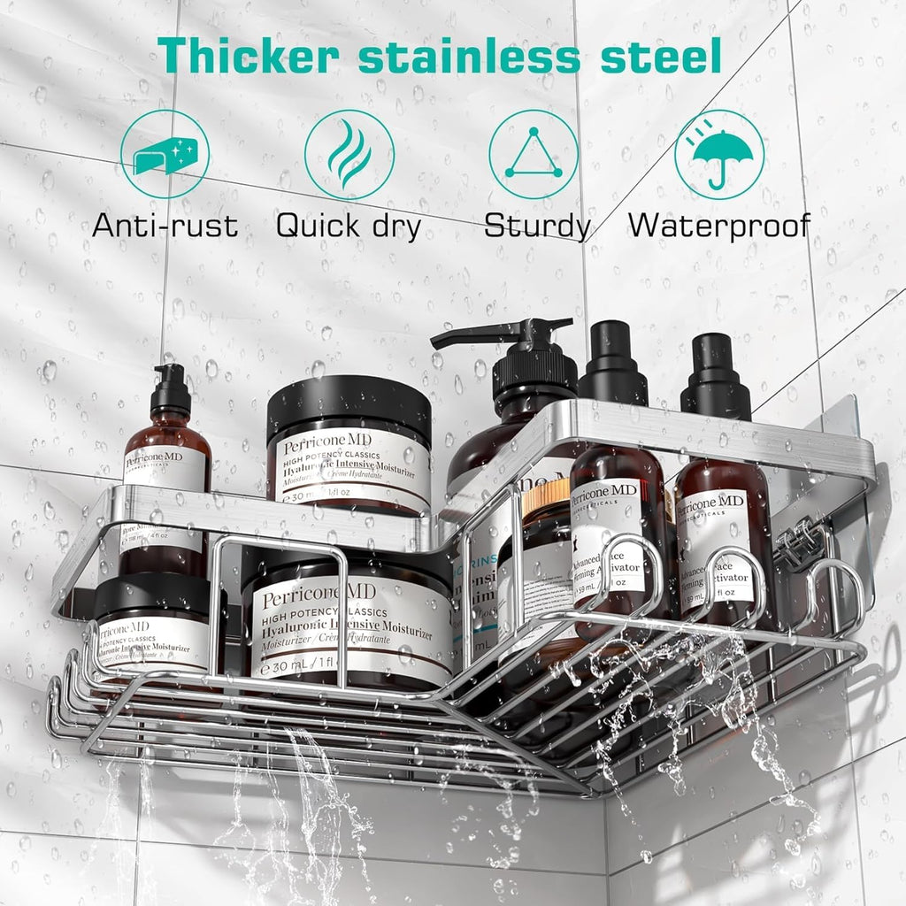 YASONIC Corner Adhesive Shower Caddy, with Soap Holder and 12 Hooks, Rustproof Stainless Steel Bathroom Organizer, No Drilling Wall Mounted Rack, Brushed Silver, 3-Pack
