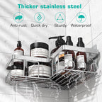 YASONIC Corner Adhesive Shower Caddy, with Soap Holder and 12 Hooks, Rustproof Stainless Steel Bathroom Organizer, No Drilling Wall Mounted Rack, Brushed Silver, 3-Pack