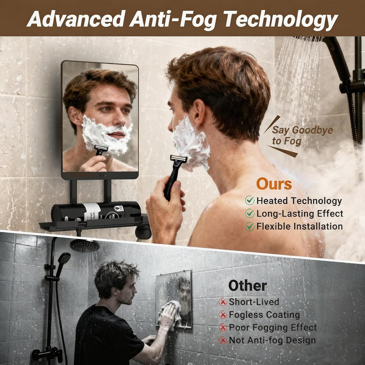 Cordless Heated Fogless Shower Mirror for Shaving (Black)