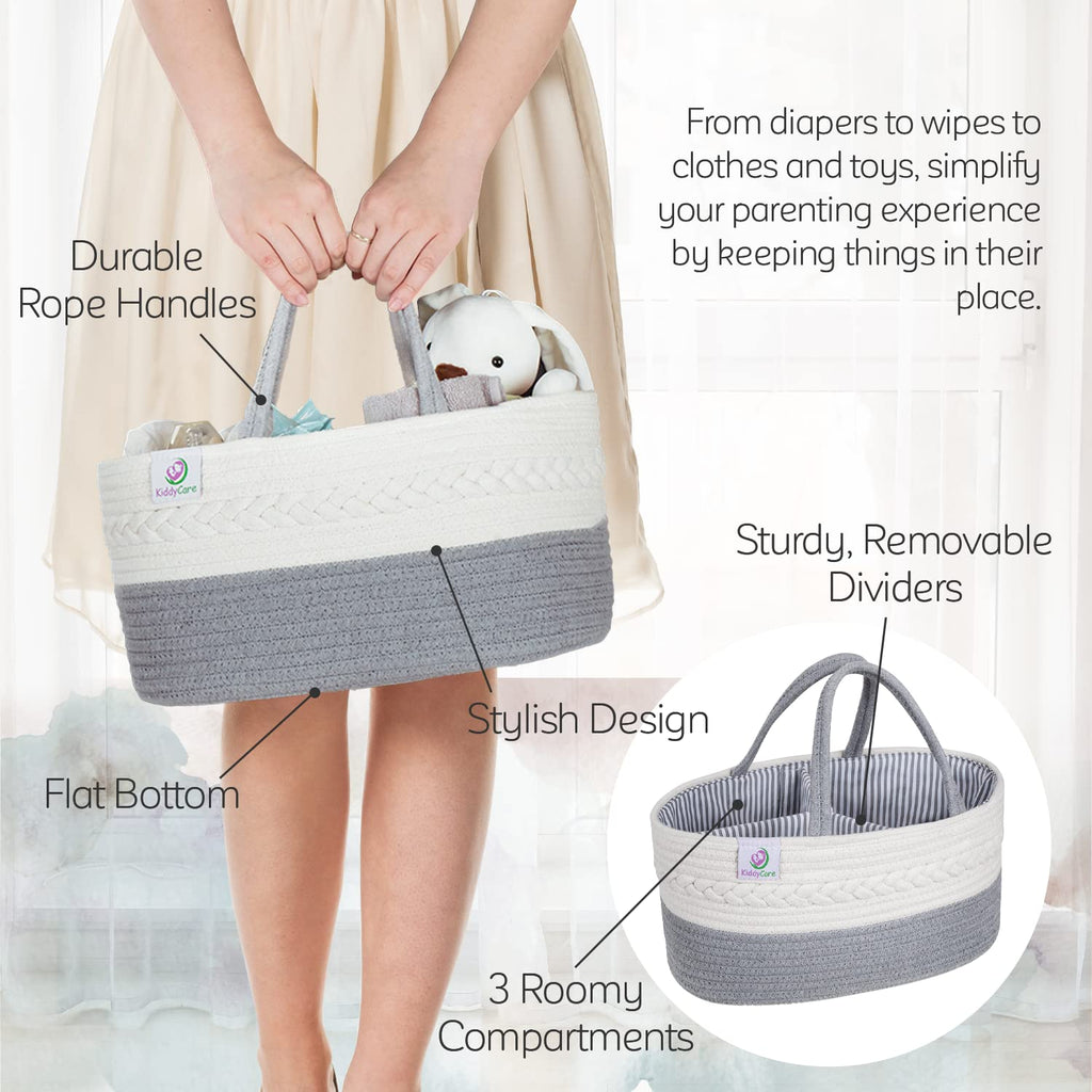 Diaper Caddy Organizer for Baby Nursery Basket with Handle Lid | Nursing bag with Changing Table Organizer Cart | Newborn Caddy | Grey Large size