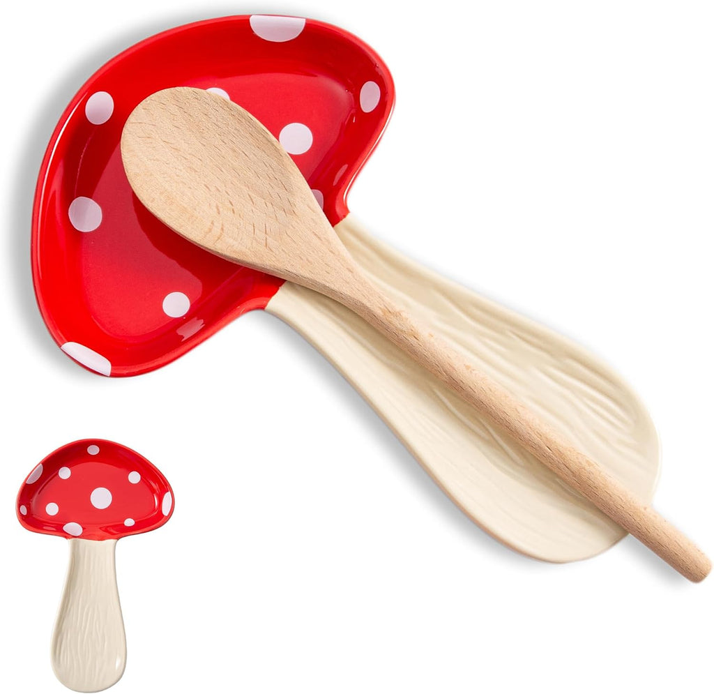 Ceramic Mushroom Spoon Rest, Farmhouse Spoon Holder, Red, 1PC