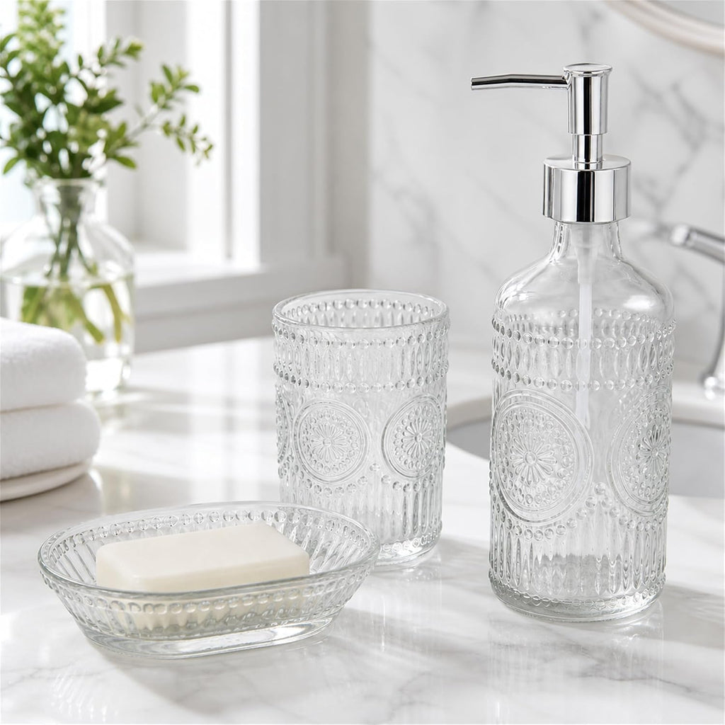 3PCS Glass Bathroom Accessories Set, Clear Soap Dispenser, Toothbrush Holder, Soap Dish, Modern Elegant Bathroom Decor for Housewarming Gift