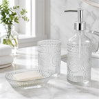 3PCS Glass Bathroom Accessories Set, Clear Soap Dispenser, Toothbrush Holder, Soap Dish, Modern Elegant Bathroom Decor for Housewarming Gift
