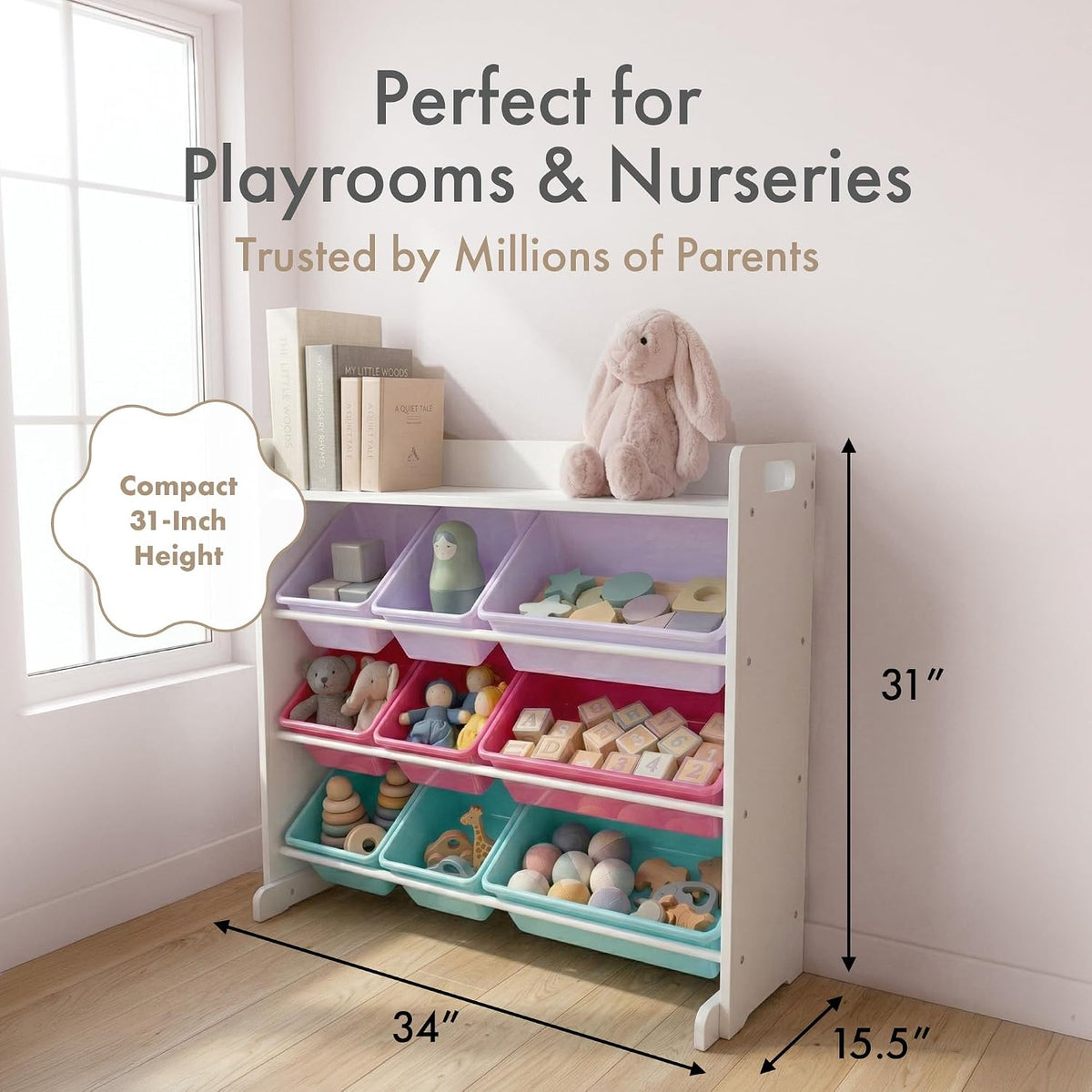 Humble Crew Kids Toy Organizer with Display Shelf, 9 Bins, 3 Tier Storage