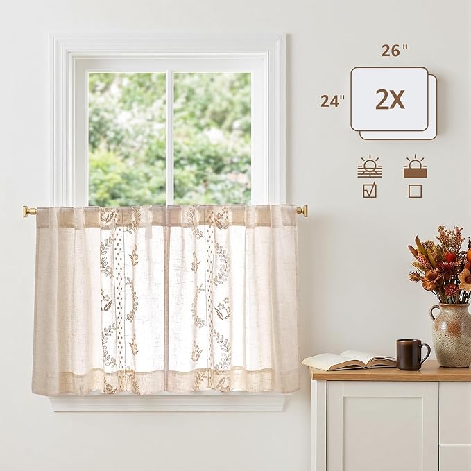 jinchan Belrose Linen Floral Kitchen Curtains 24 inch Length Embroidered - Image 5
