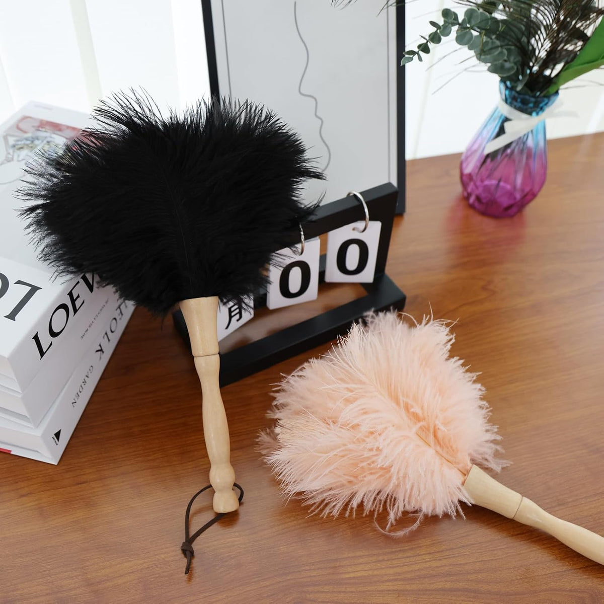 Ostrich Feather Duster 12 Inch Handheld Duster Supplies, Wooden Handle Feather Duster for Cleaning Keyboard Home Car Office (Champagne 5Pcs)