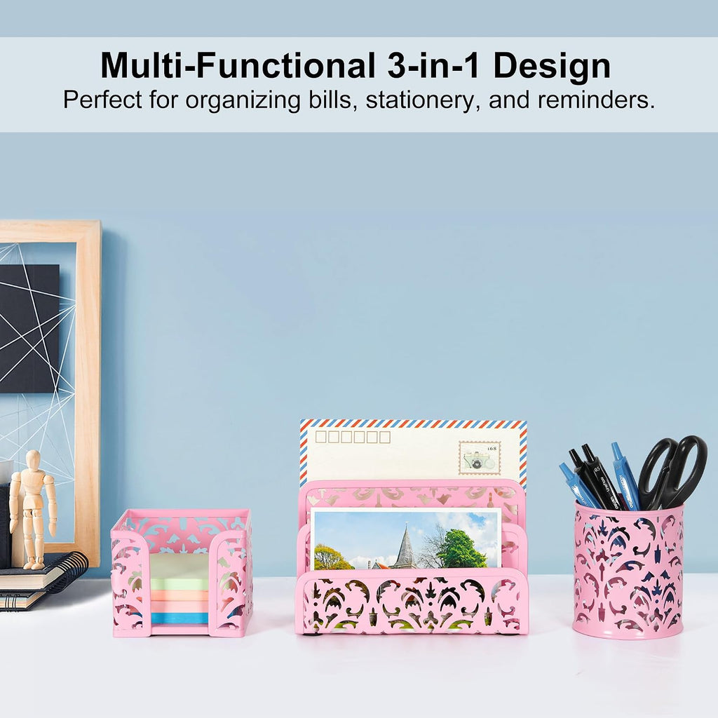 EasyPAG Desk Organizers and Accessories 3 Pieces Office Organizer Set - Pen Holder for Desk, Mail Sorter Countertop and Sticky Note Holder, Pink