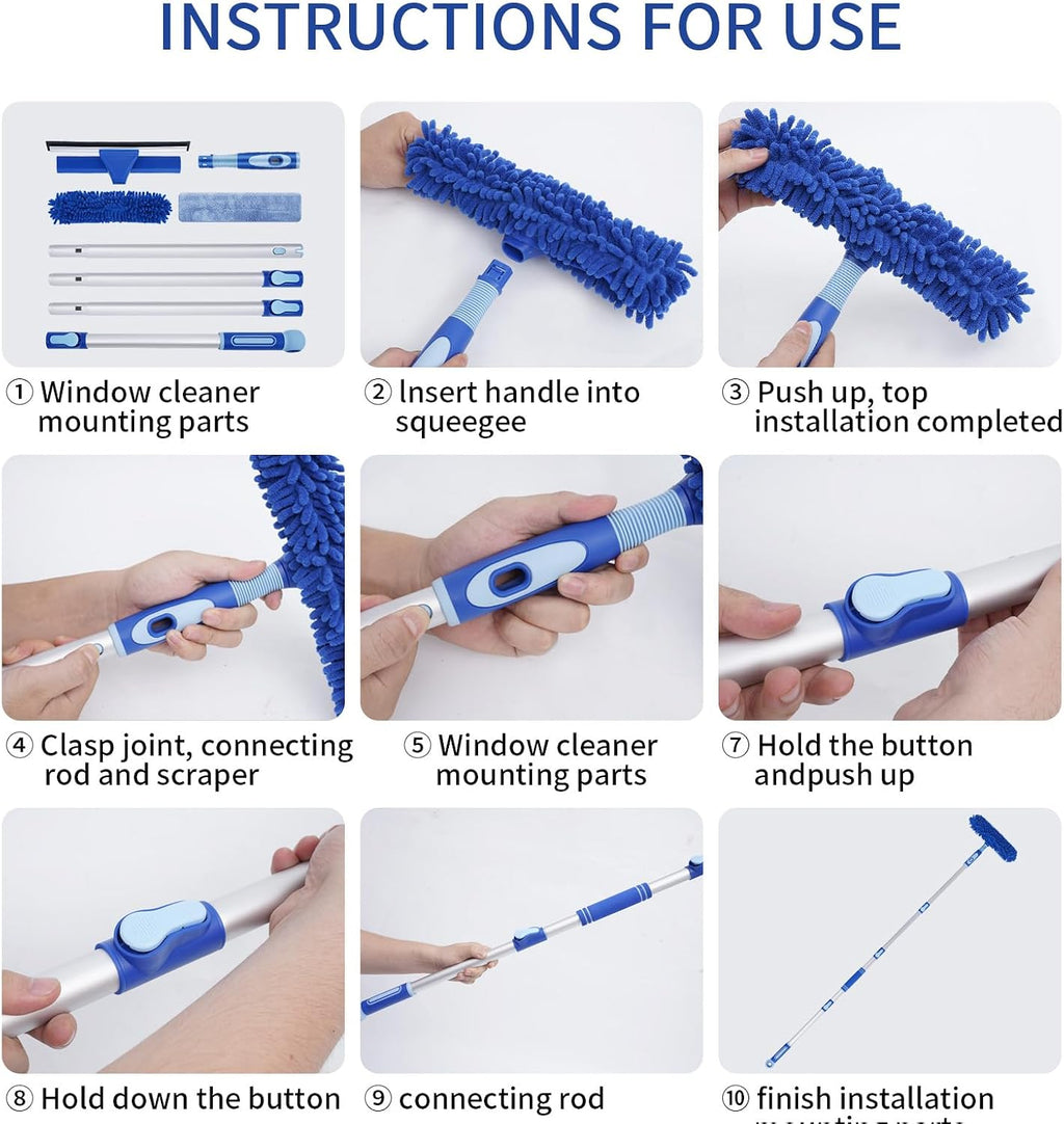 LOMIDA Professional Window Squeegee Kit - 62" Lightweight Aluminum Pole, 2 in 1 Rotatable Window Cleaning Tool Kit with Extension Pole Cleaning with Bendable Head for Car/Shower/High Windows