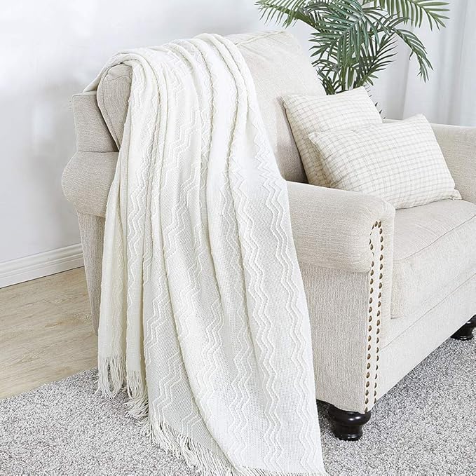 BOURINA Off White Throw Blanket 60x80 Inches Throw Textured Solid Soft Sofa - Image 2