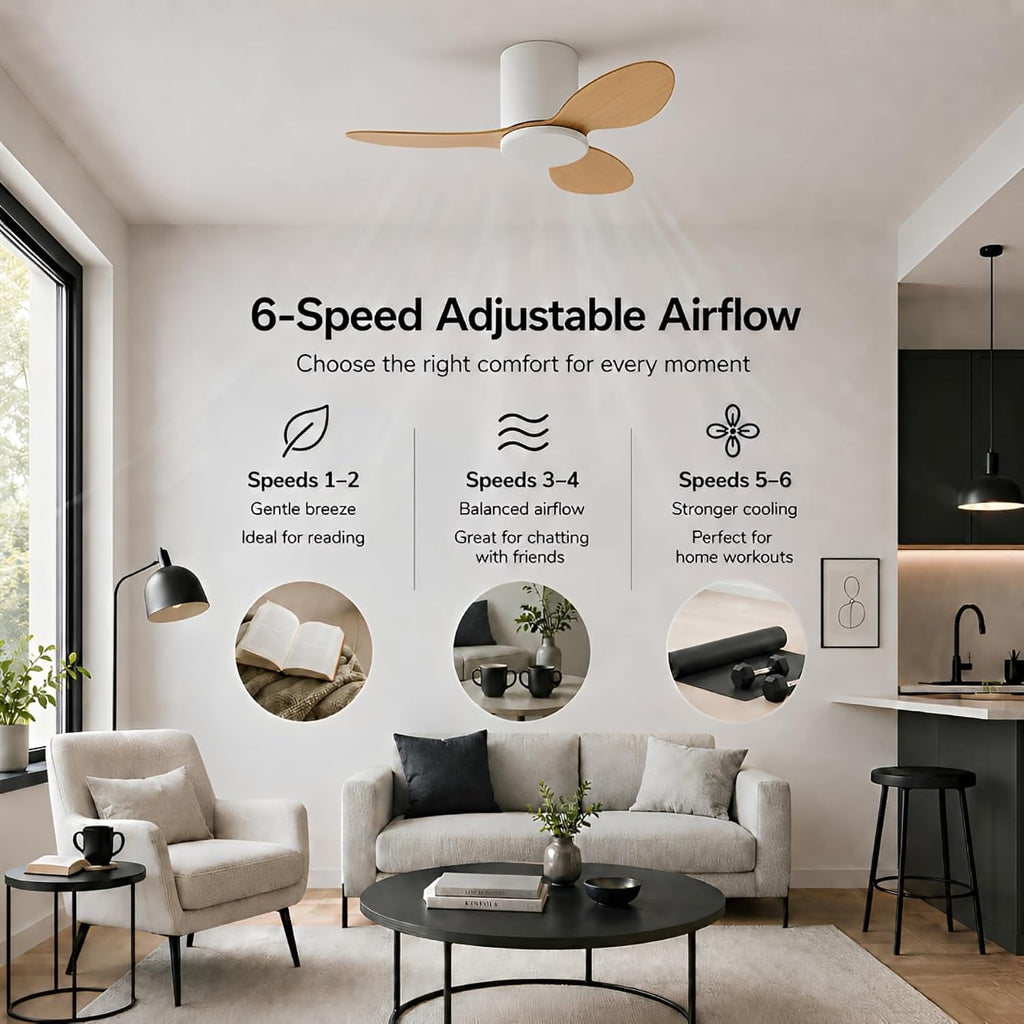 25 Inch Small Ceiling Fan No Light, Low Profile, White Wood Color