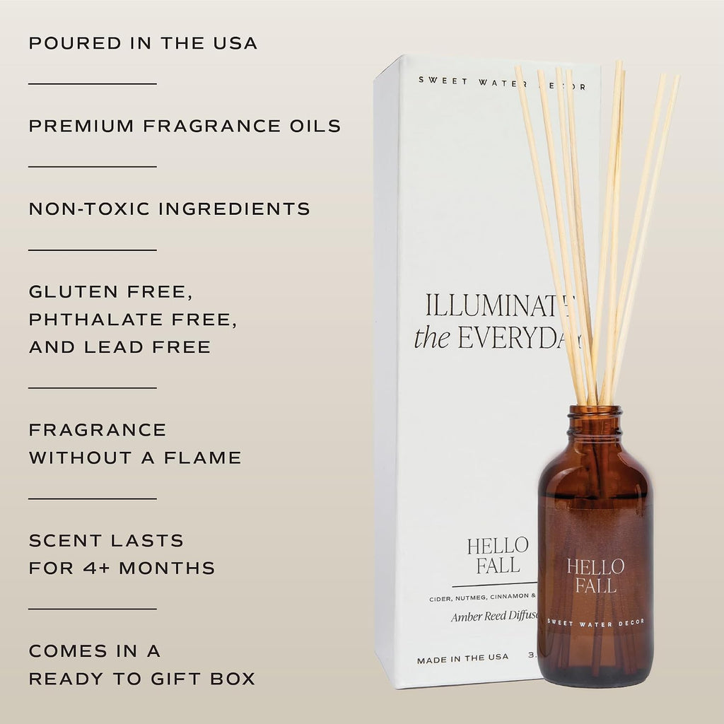 Sweet Water Decor Hello Fall Reed Diffuser Set - Hot Cider, Cinnamon, Cloves, Apple, and Nutmeg Fall Scented Diffuser - Scent Diffusers for Home, Fall Home Decor Long Lasting Fragrance Made in the USA