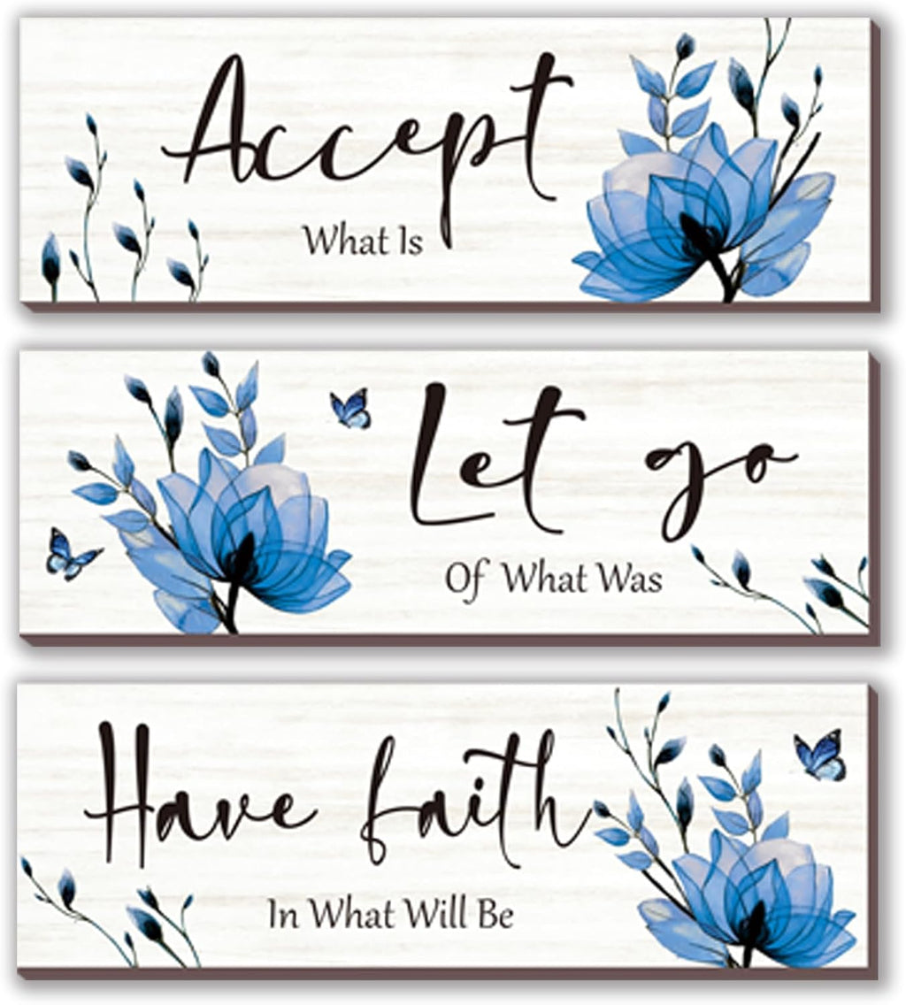3 Pcs Purple Bathroom Decor Rustic Flower Wall Art Accept Let Go Have Faith Farmhouse Bedroom Wall Decor Wooden Inspirational Quotes Decorations for Living Room Bathroom Bedroom(Purple, 12 x 4 Inches)