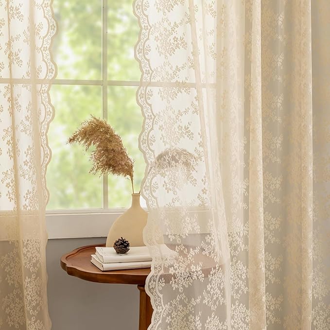 YJ YANJUN Vintage Lace Curtains 102 Inch Long-Victorian Floral Pattern Beige - Image 4
