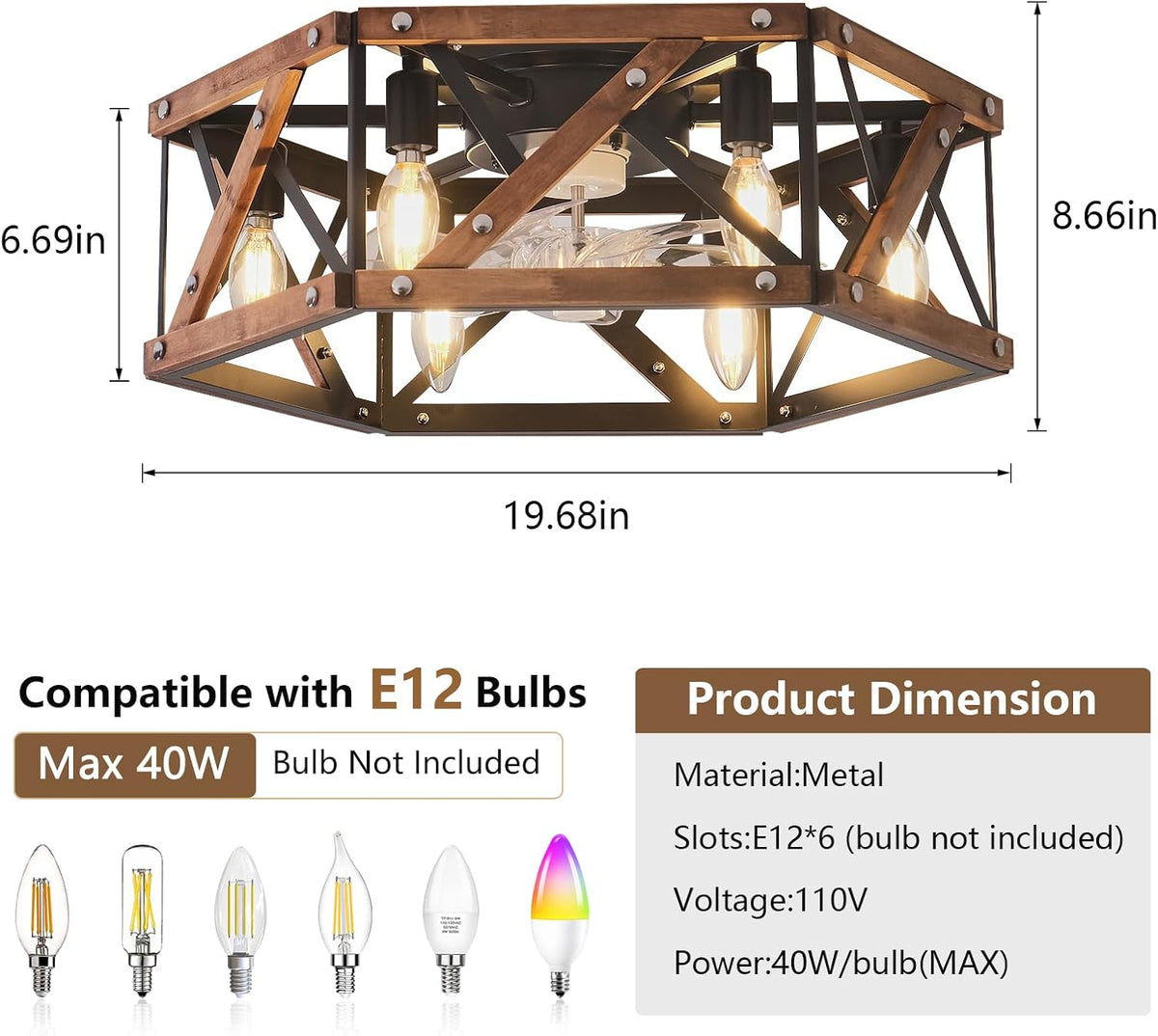6-light retro style semi-inset ceiling fan lamp, 20 inches, Retro-style antique wooden ceiling fan with light，low-profile ceiling fan lamp, suitable for vacation cabins, bedroom relaxation areas.