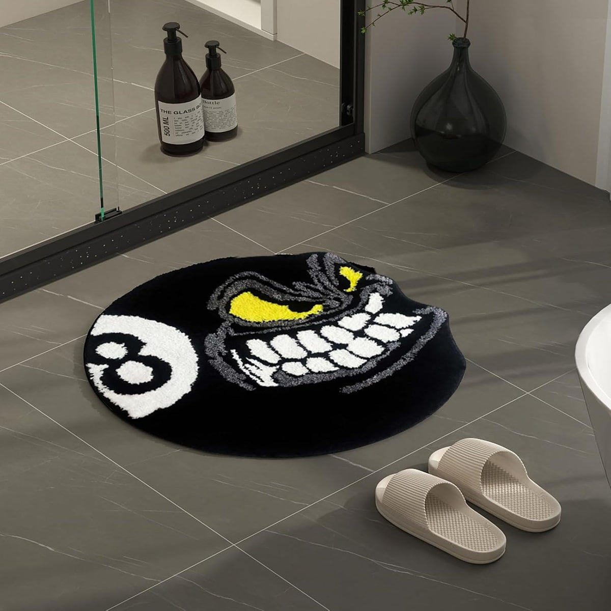 Angry 8 Ball Rug, 24" Cool Rugs for Bedroom Men, Black Round Area Rug for Man Cave, High-Pile Flocking Soft Aesthetic Carpet for Living Room Decor, Hypebeast Room Decor