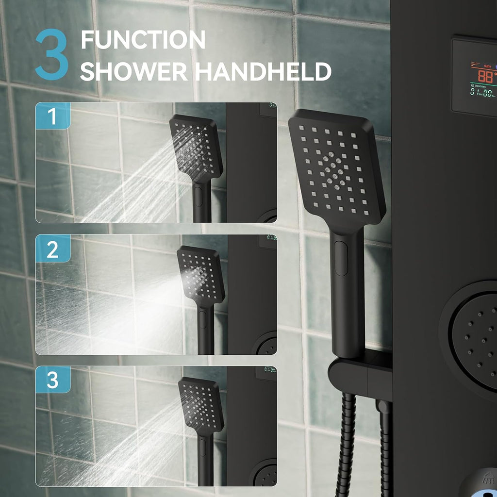 5 in 1 Matte Black Rainfall Shower Panel Tower System With Storage Shelf