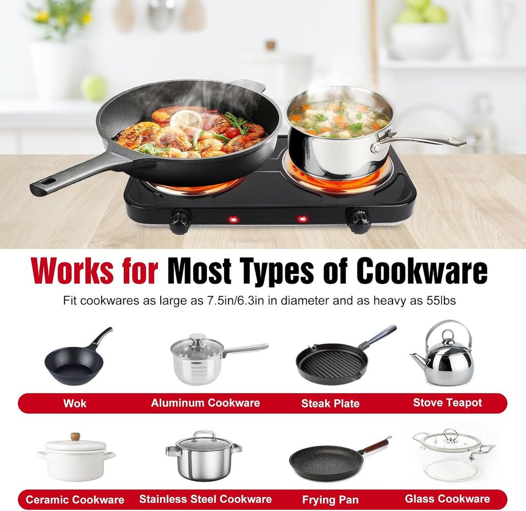 2000W Electric Hot Plate,Portable Electric Stove Countertop Double Coil Burners W/Dual Control&5 Level Temperature Control, Easy to Clean,Lightweight Cast Iron Countertop Stove for Home Camp RV 110V