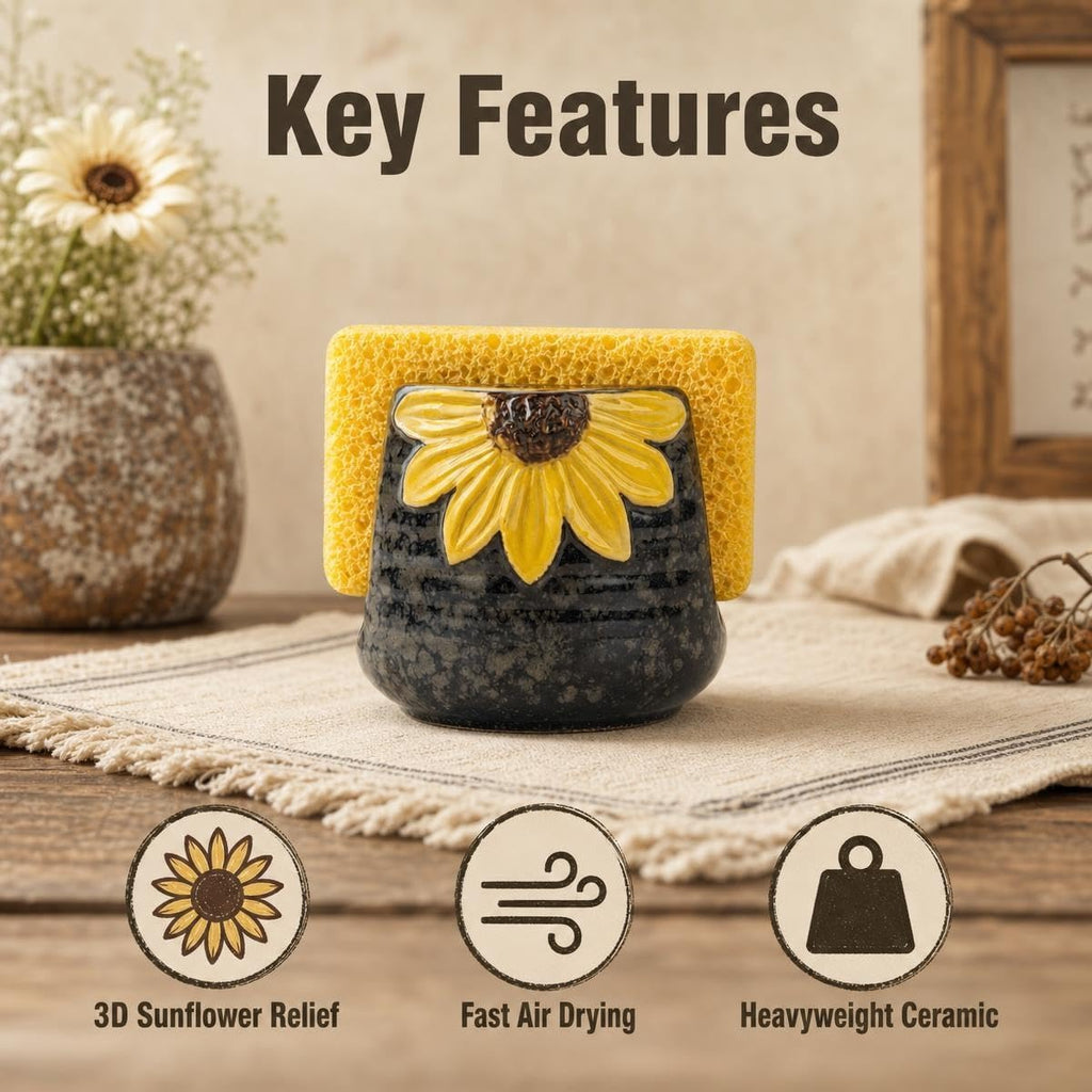 Ceramic Sunflower Dish Sponge Holder For Kitchen Sink Caddy Organizer Decor