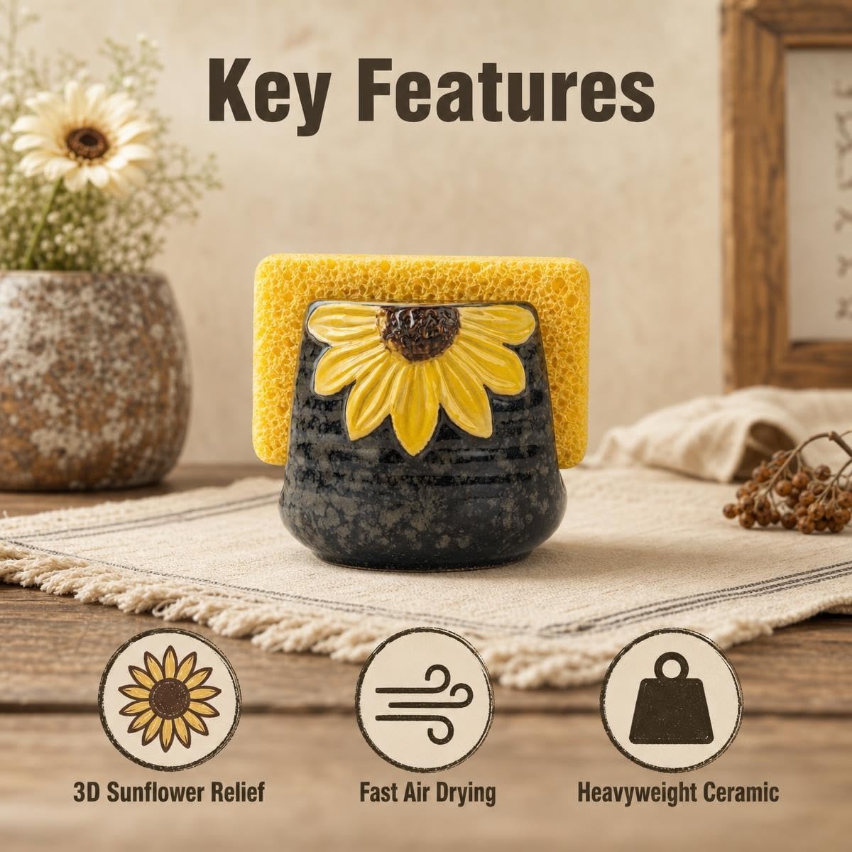 Ceramic Sunflower Dish Sponge Holder For Kitchen Sink Caddy Organizer Decor