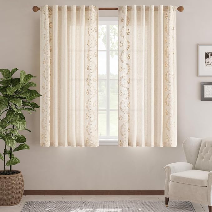 jinchan Belrose Linen Curtains for Bedroom Floral Curtains 72 Inch Length Linen - Image 2