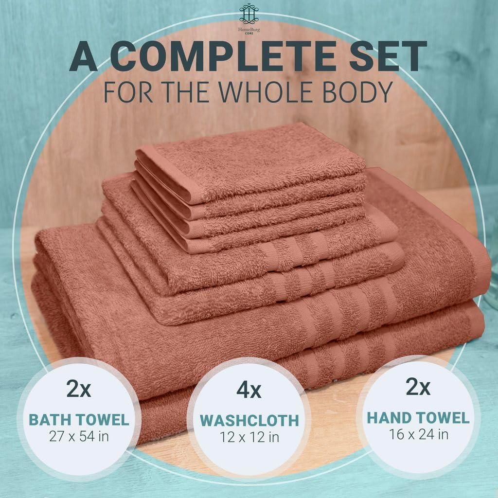 CORE 8-Piece Cotton Towel Set for Bathroom | Value Pack, Soft, Absorbent, Lightweight, Minimalist — 2 Bath Towels (27x54 in), 2 Hand Towels (16x24 in) & 4 Washcloths (12x12 in), Dune Red
