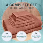 CORE 8-Piece Cotton Towel Set for Bathroom | Value Pack, Soft, Absorbent, Lightweight, Minimalist — 2 Bath Towels (27x54 in), 2 Hand Towels (16x24 in) & 4 Washcloths (12x12 in), Dune Red