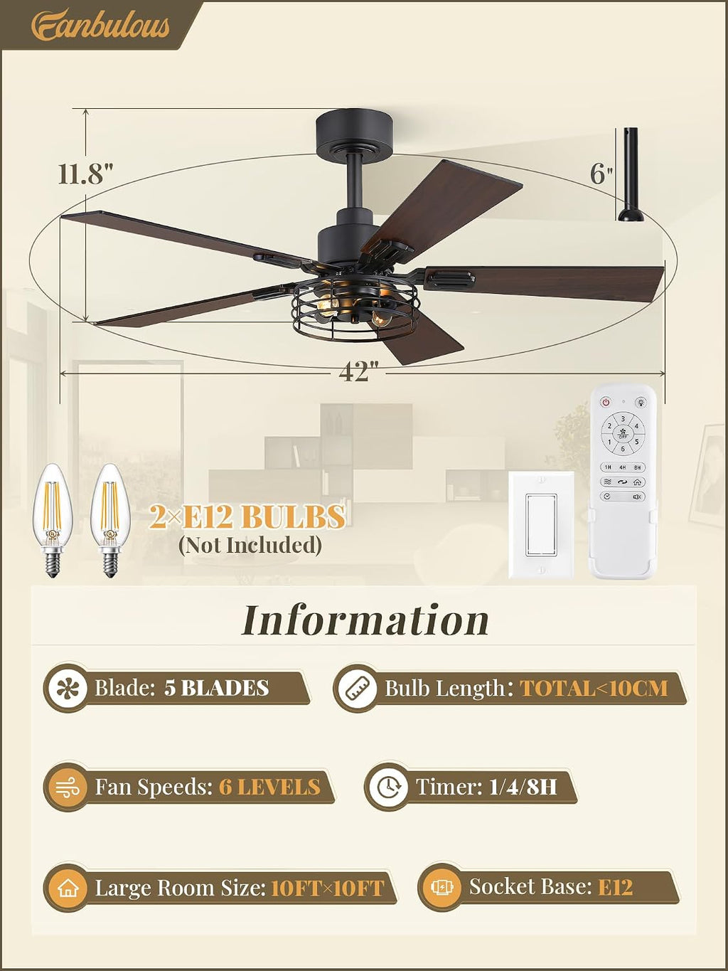 Fanbulous 42 Inch Farmhouse Rustic Ceiling Fan with Light & Remote